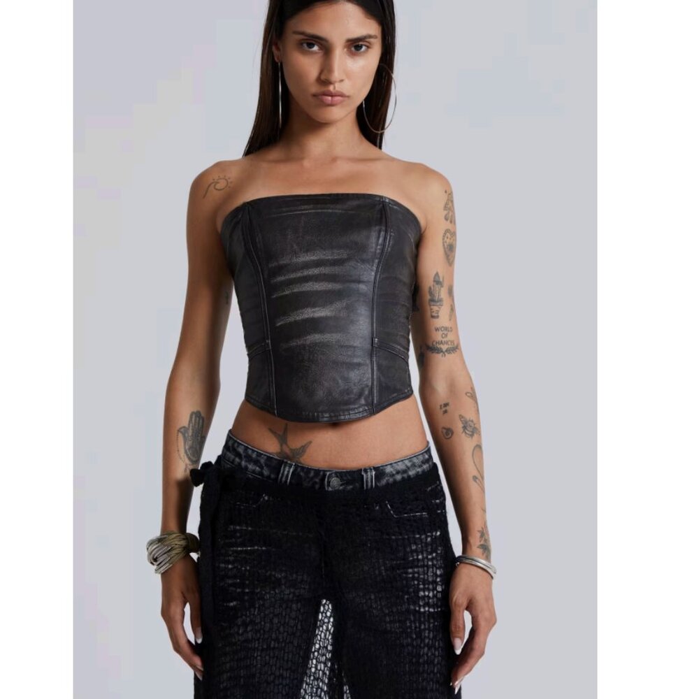 Jaded London Ash Distressed Faux Leather Tie Up Corset Black NWT Sz 12